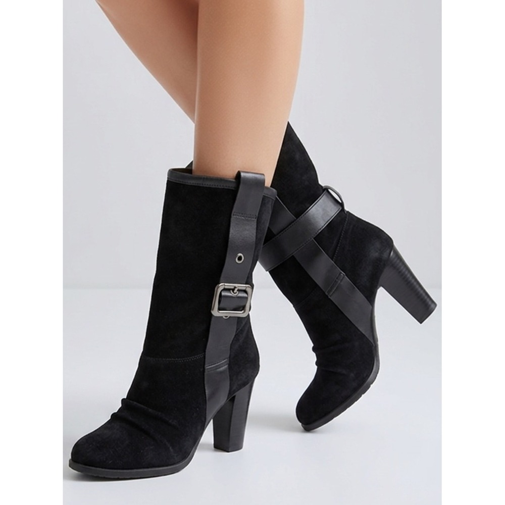 Nine & Co Mid Calf Boots Womens‎ Black Excellent Buckle Strap Suede Block Heel